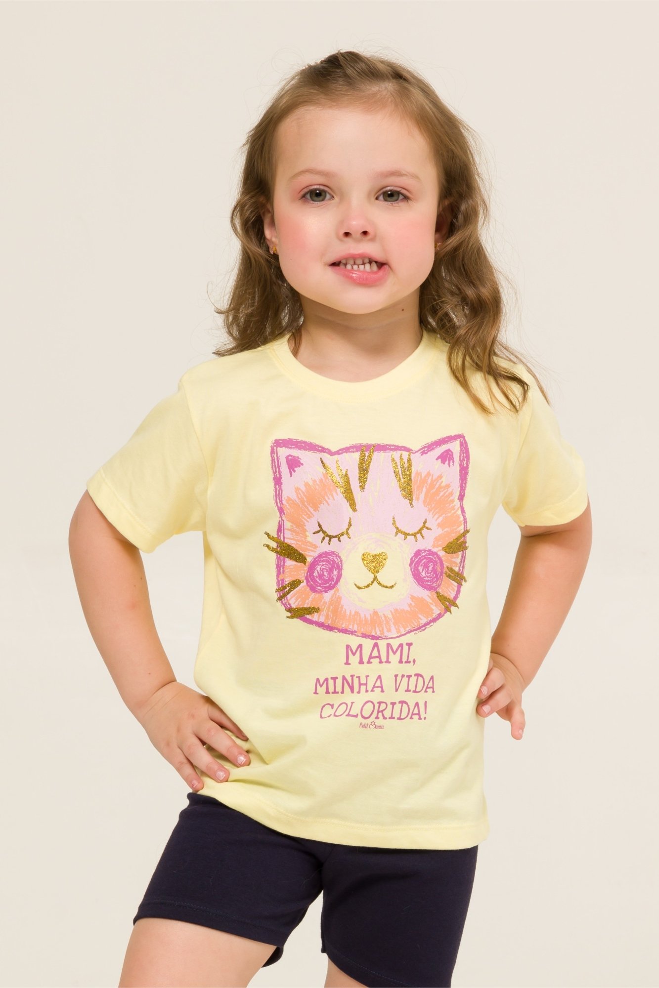 Blusa T-Shirt Meia Malha Amarelo Menina Estampa Efeito Metalizado